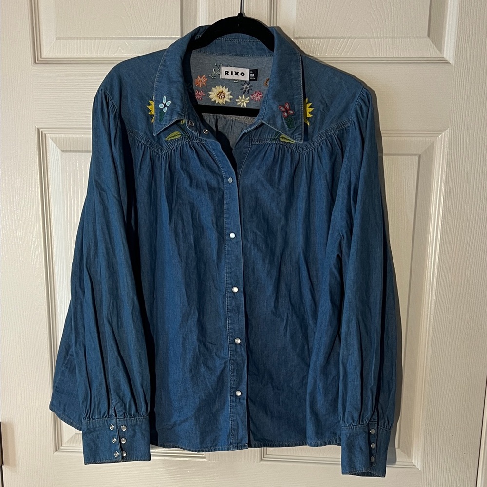 RIXO Blake Denim Shirt Pearl Snaps & Colorful‎ Embroidery, Sx 3X